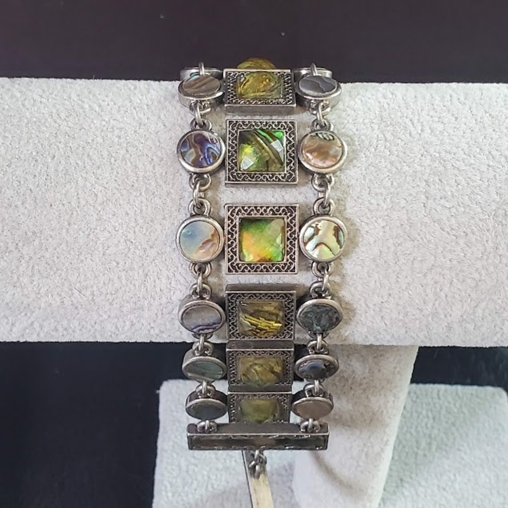 Lia Sophia Abalone Shell Silver Tone Multi Strand Toggle Bracelet Boho Filigree - Picture 4 of 9